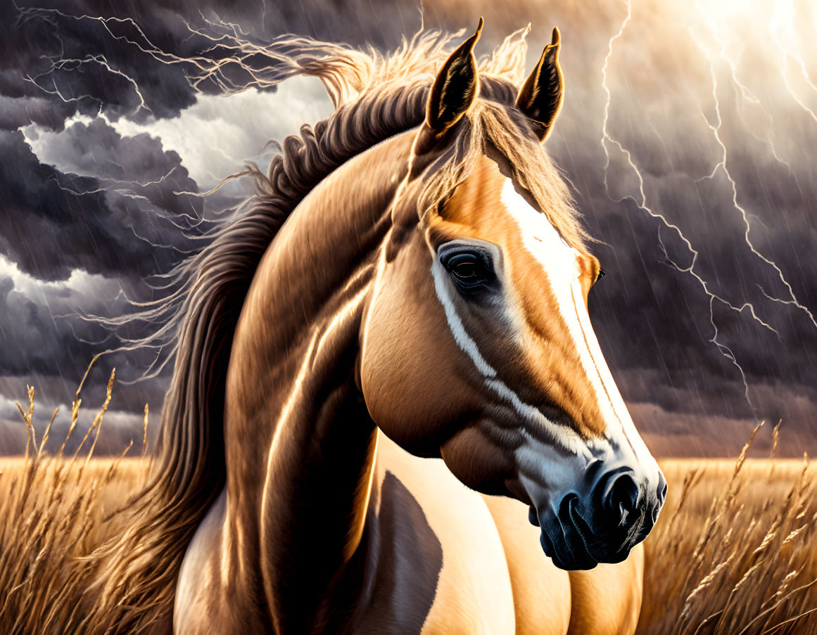 Majestic horse with flowing mane in stormy field with lightning