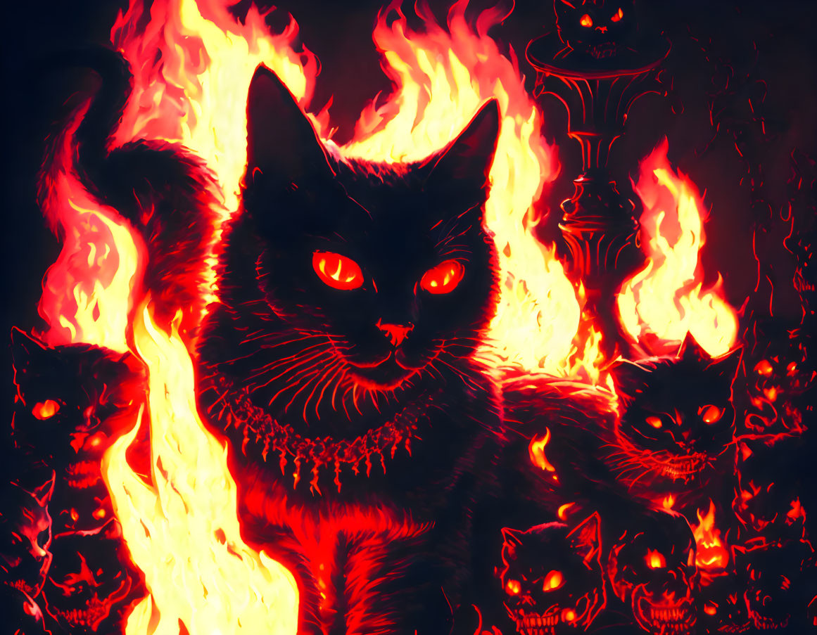 Stylized artistic image of fiery red and orange cats in flames