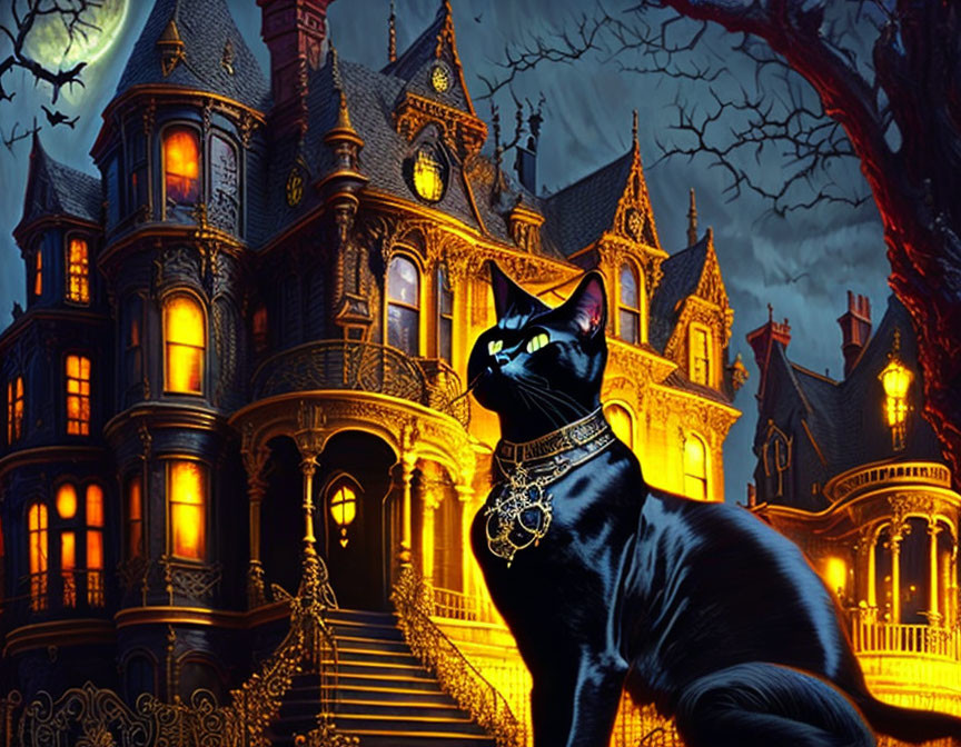 Black Cat with Necklace in Front of Gothic Mansion and Full Moon