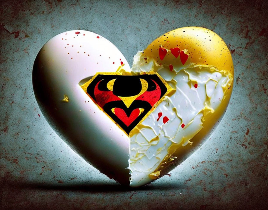 Heart-shaped object split in two halves: white cracked vs. gold intact with Superman logo and tiny hearts