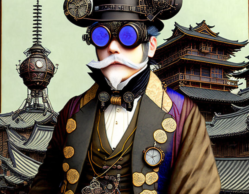 Steampunk gentleman with blue goggles and gears in front of Asian pagoda.