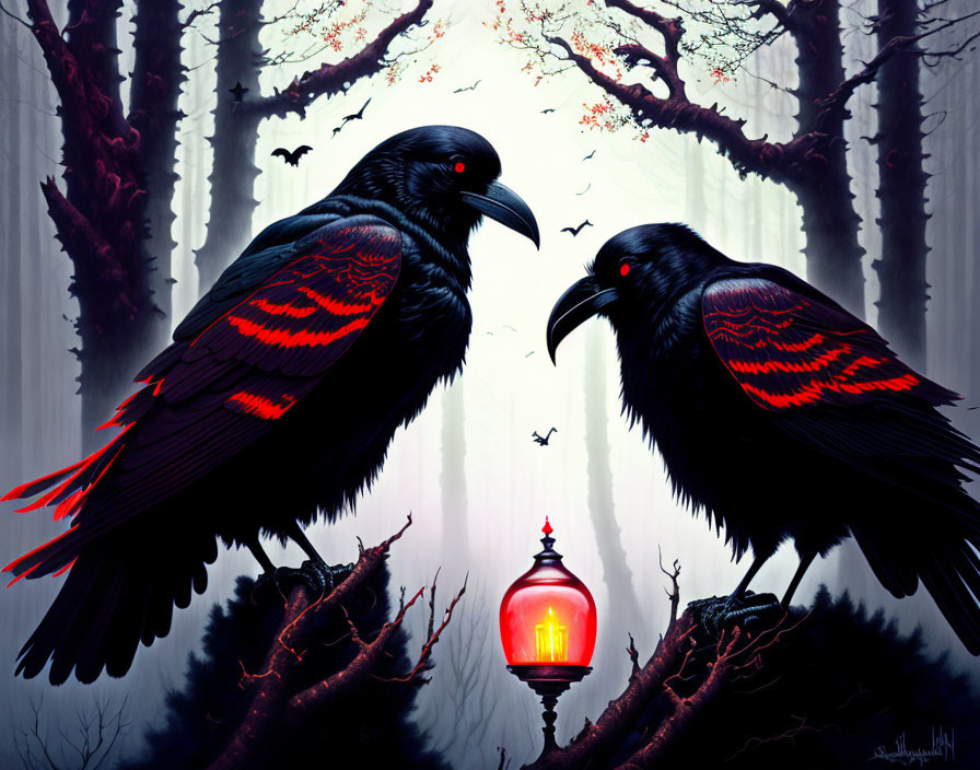 Ravens with red glowing patterns perched in misty forest scene