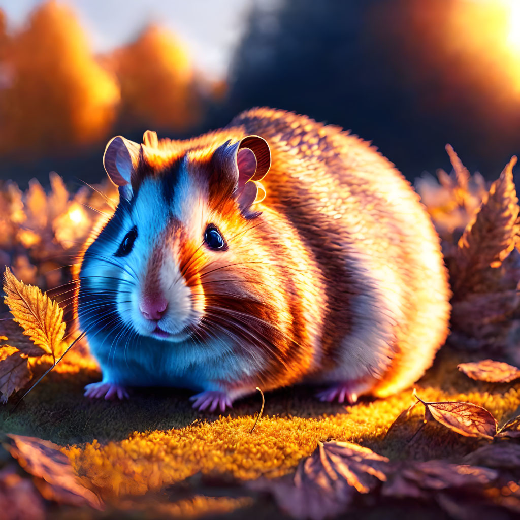 Chubby guinea pig in autumn leaves under golden sunlight