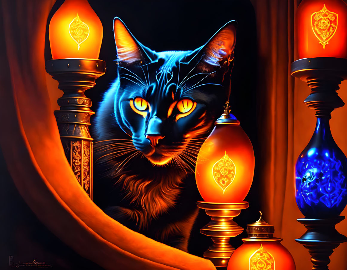 Digital Art: Ominous Blue Cat with Glowing Orange Eyes in Dark, Mystical Setting