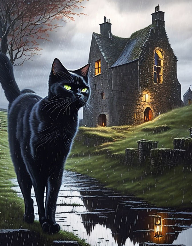 Striking green-eyed black cat on wet path near illuminated stone house