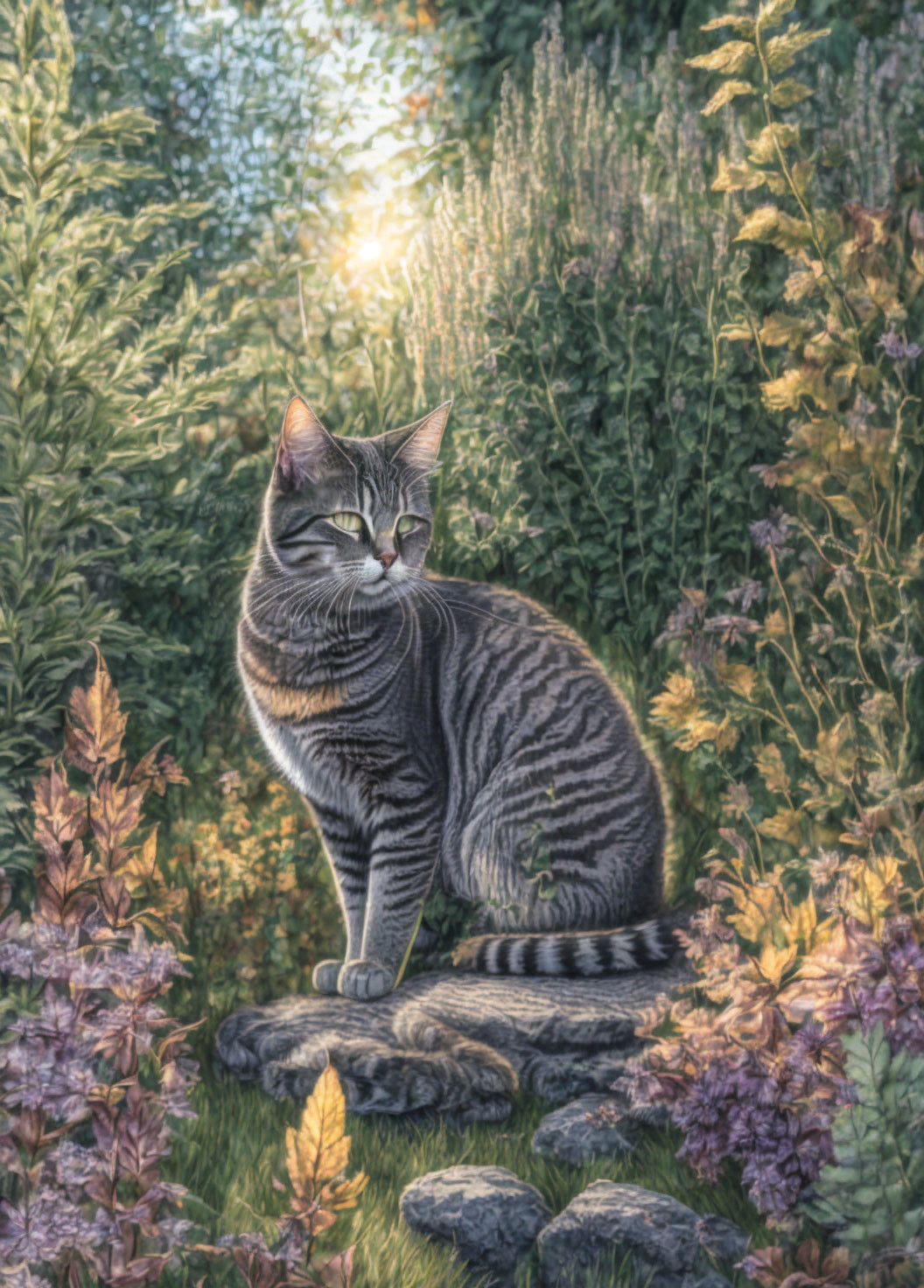 Tabby Cat Resting on Stone Path in Sunlit Garden