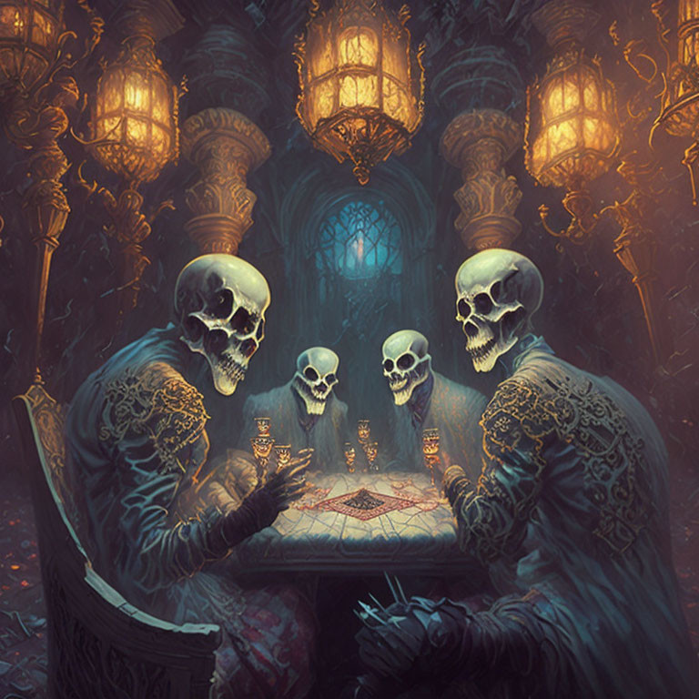 Skeletal figures in ornate robes playing cards in eerie forest setting