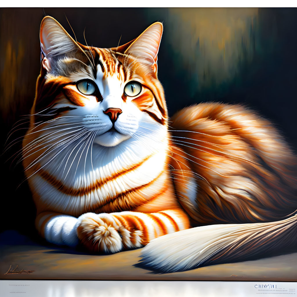 Illustration of alert orange and white tabby cat with green eyes and distinctive stripes