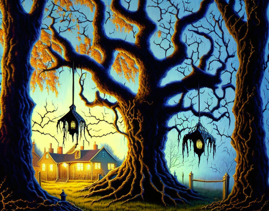 Twilight scene with illuminated house, gnarled trees, and birdhouses