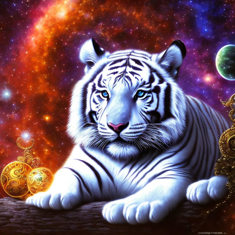 White tiger in cosmic fantasy setting with stars, nebulae, planets, and golden spheres