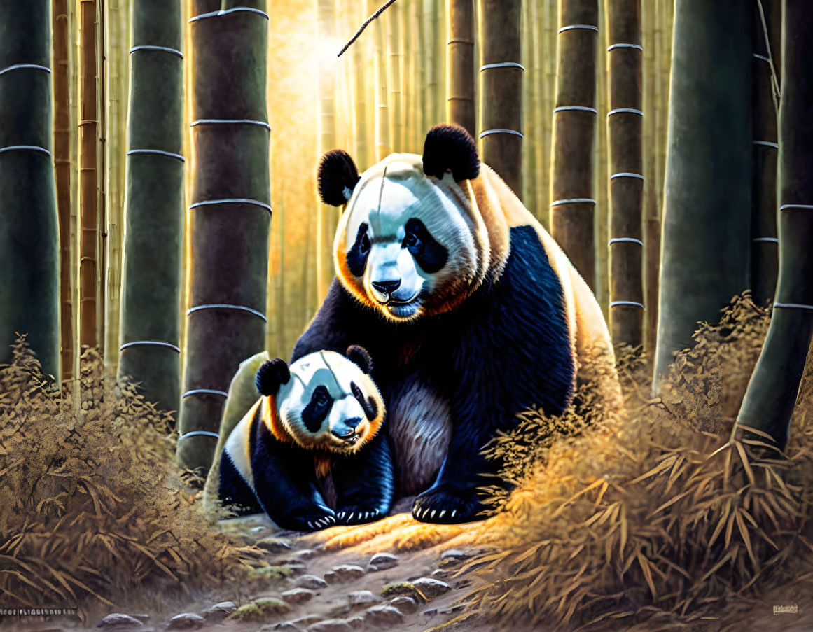 Adult and cub pandas in bamboo forest under warm sunlight