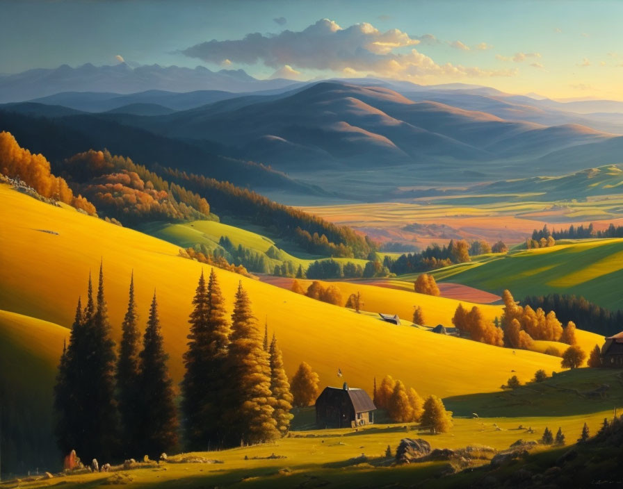 Tranquil landscape with rolling hills, small house, and towering trees in golden sunlight