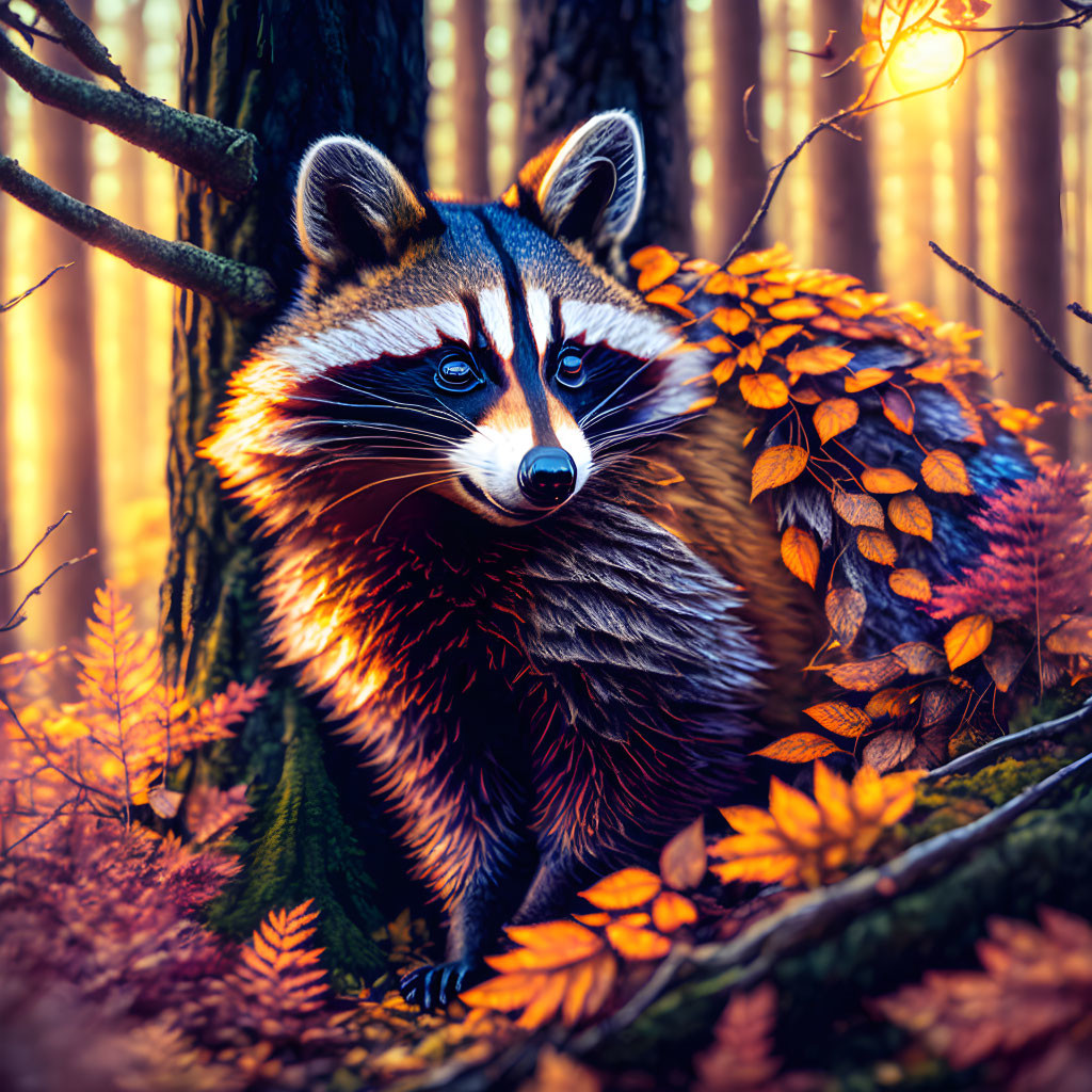 Curious raccoon peeking from tree in autumn forest