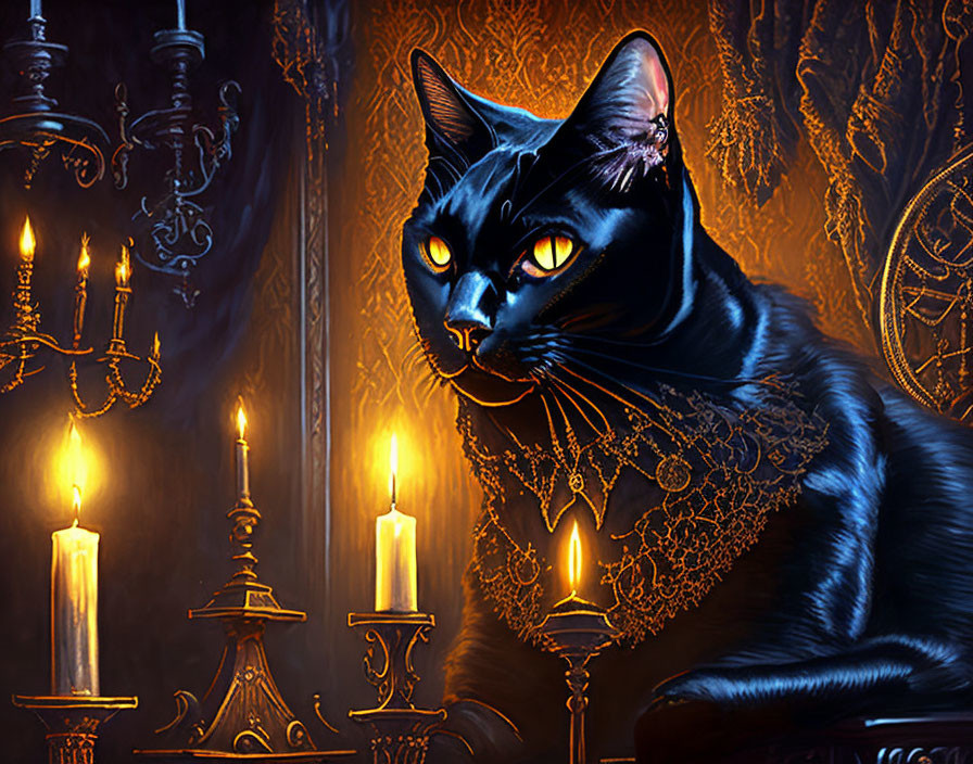 Black Cat with Glowing Yellow Eyes in Ornate Setting