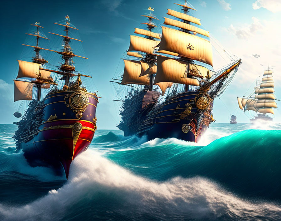 Ornate sailing ships on turbulent ocean waves