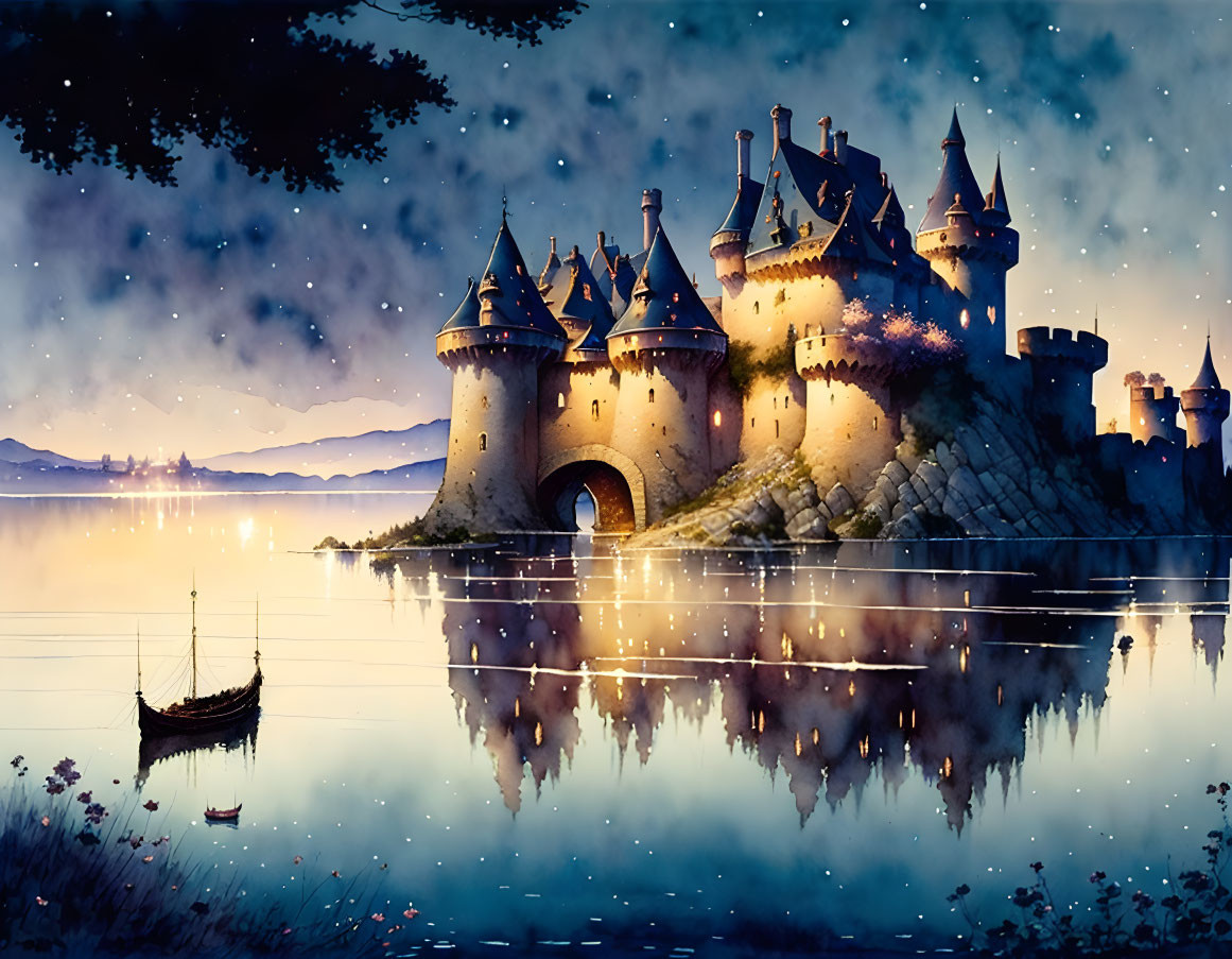 Castle illuminated at night with starry sky reflected on tranquil lake, small boat nearby