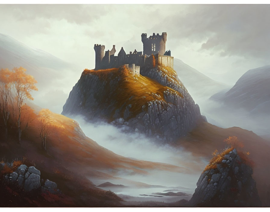 Majestic castle on steep hill in misty autumn setting