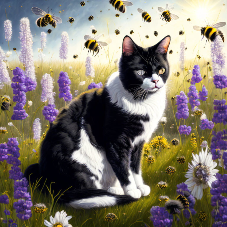 Black and white cat in purple flower field with bees under cloudy sky