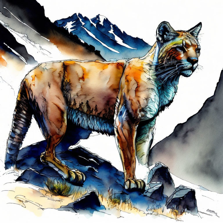 Colorful Watercolor Painting: Puma on Rocky Terrain & Mountains