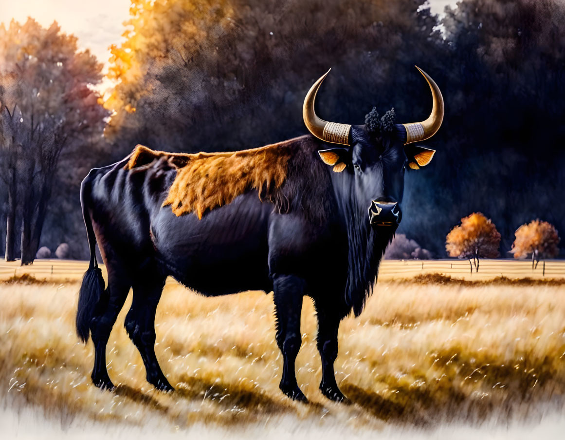 Majestic black bull with curved horns in golden autumn field