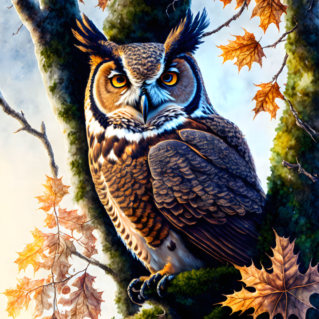 Majestic owl perched on tree with autumn leaves under bright sky