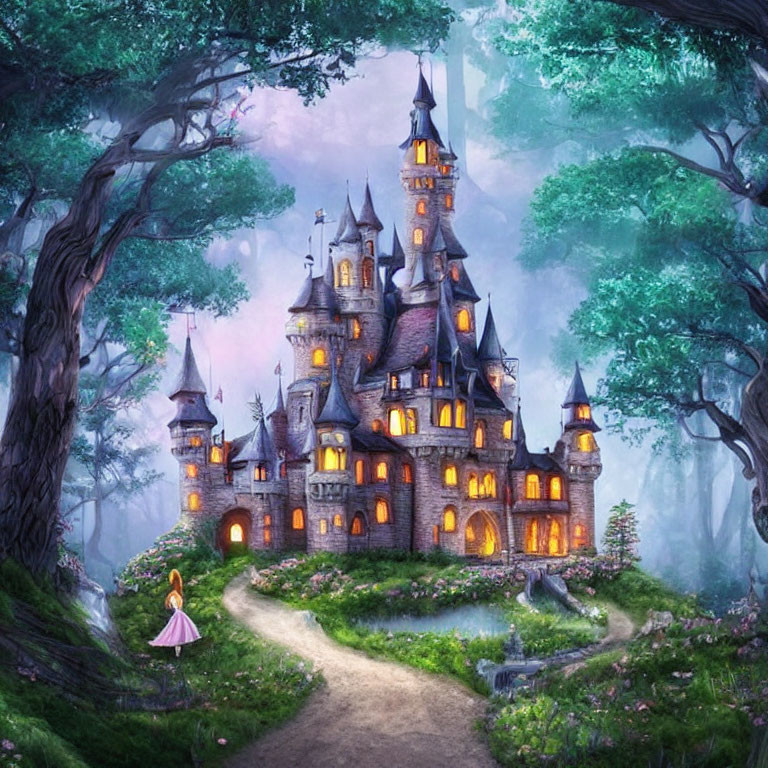 Mystical forest scene: glowing castle, woman in pink dress