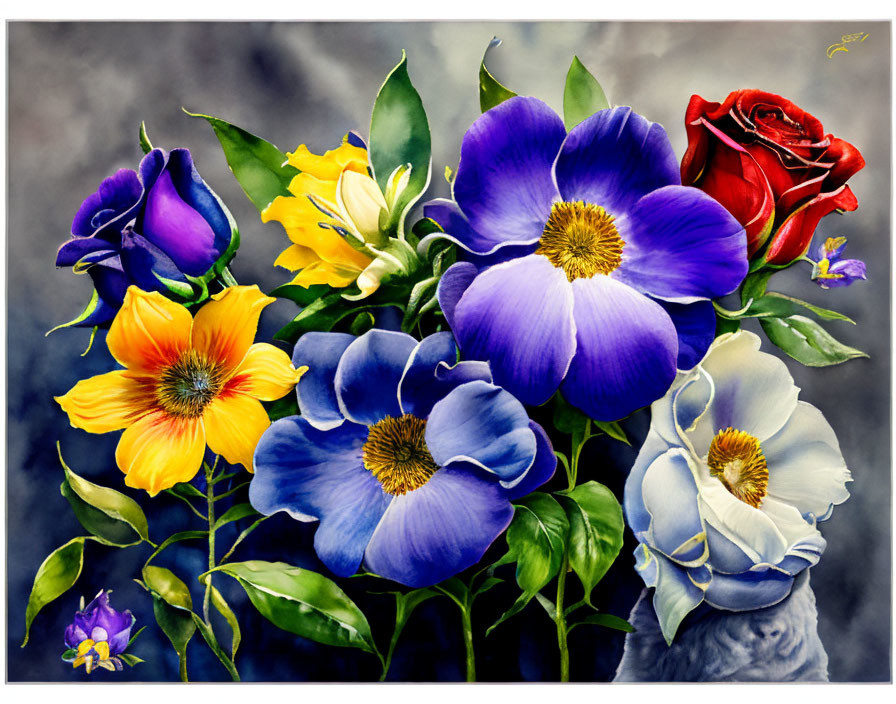 Colorful Watercolor Bouquet Painting with Various Flowers on Grey Background