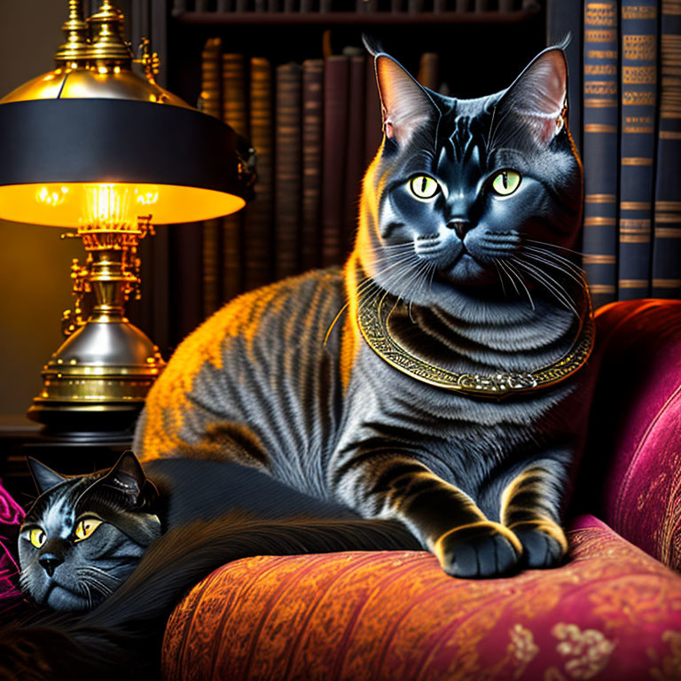 Majestic cats in elegant setting with warm lamp & cushions