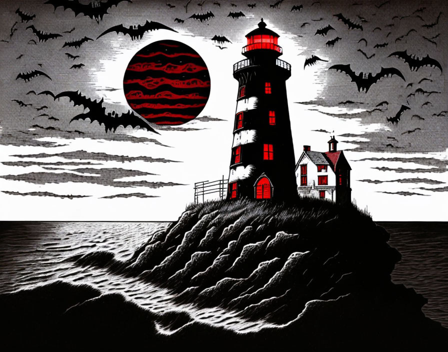 Monochromatic lighthouse on rocky island under night sky with bats and red moon