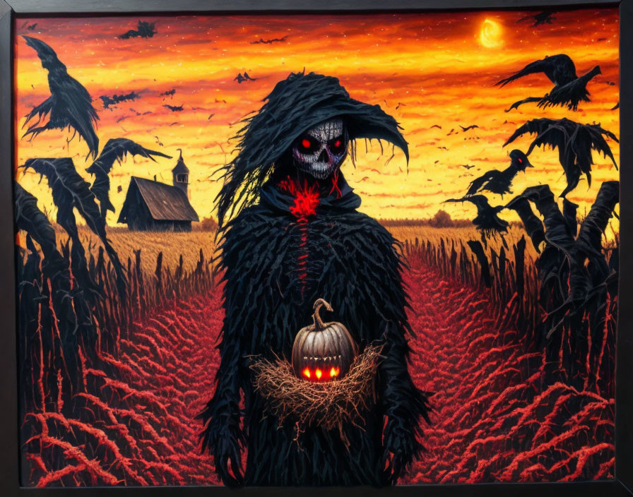 Spooky figure with pumpkin lantern in crimson field at sunset