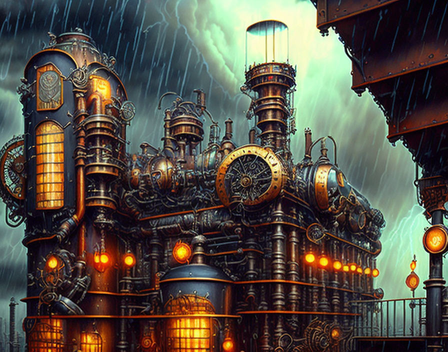 Steampunk-inspired industrial complex with pipes and gauges under stormy sky