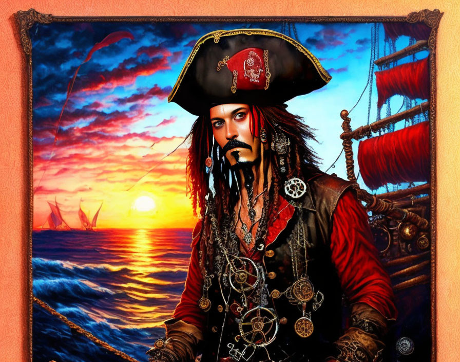 Pirate illustration with sunset, ship, tricorn hat, jewels, and braids