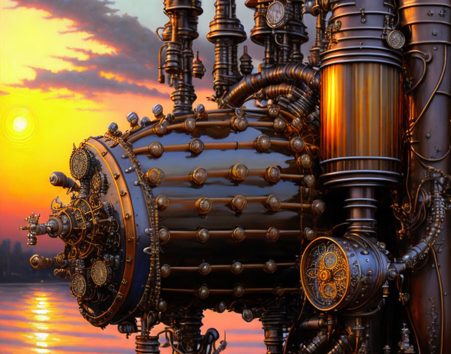 Steampunk-style machine with pipes and gears against sunset sea.