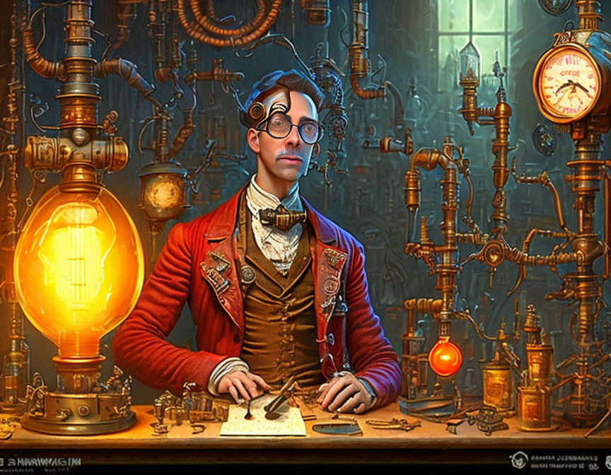 Steampunk-inspired portrait of a man with round glasses, a bow tie, and a red jacket