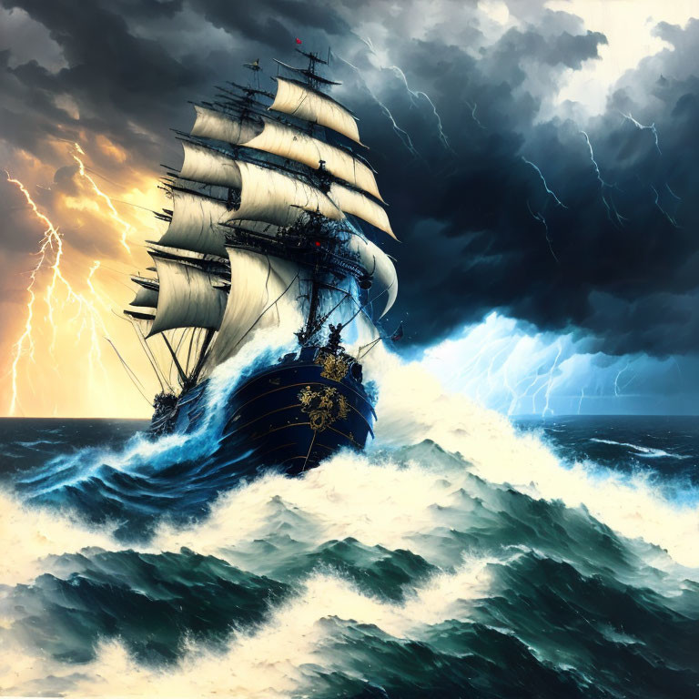 Tall ship sailing through thunderstorm on tumultuous seas