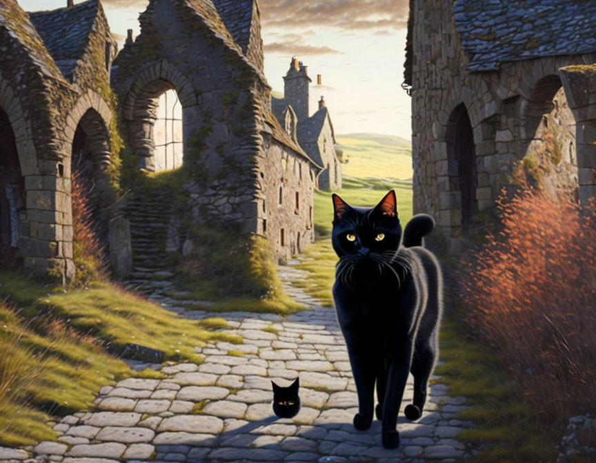 Black Cat with Luminous Eyes Walking on Cobblestone Path