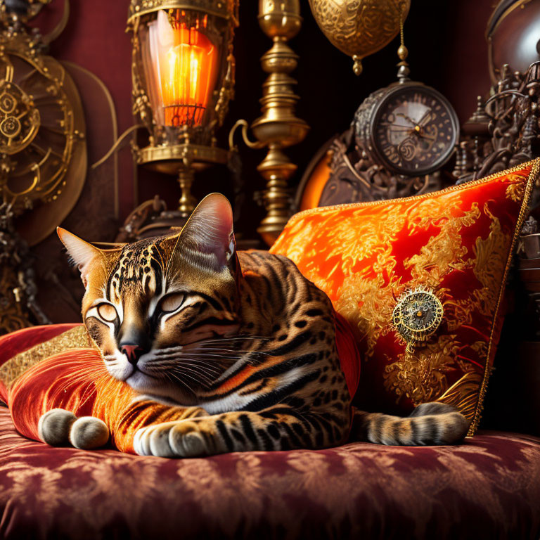 Bengal Cat Relaxing on Red Cushion with Vintage Clocks