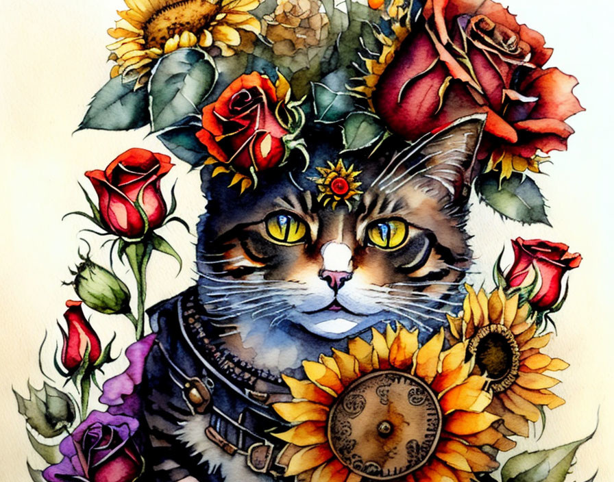 Watercolor artwork of cat with floral and steampunk collar.