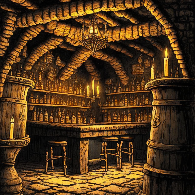 Cozy Underground Cellar with Wooden Barrels & Candle-lit Chandeliers