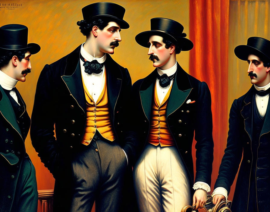 Vintage Attired Men with Top Hats, Bow Ties, and Canes on Orange Background