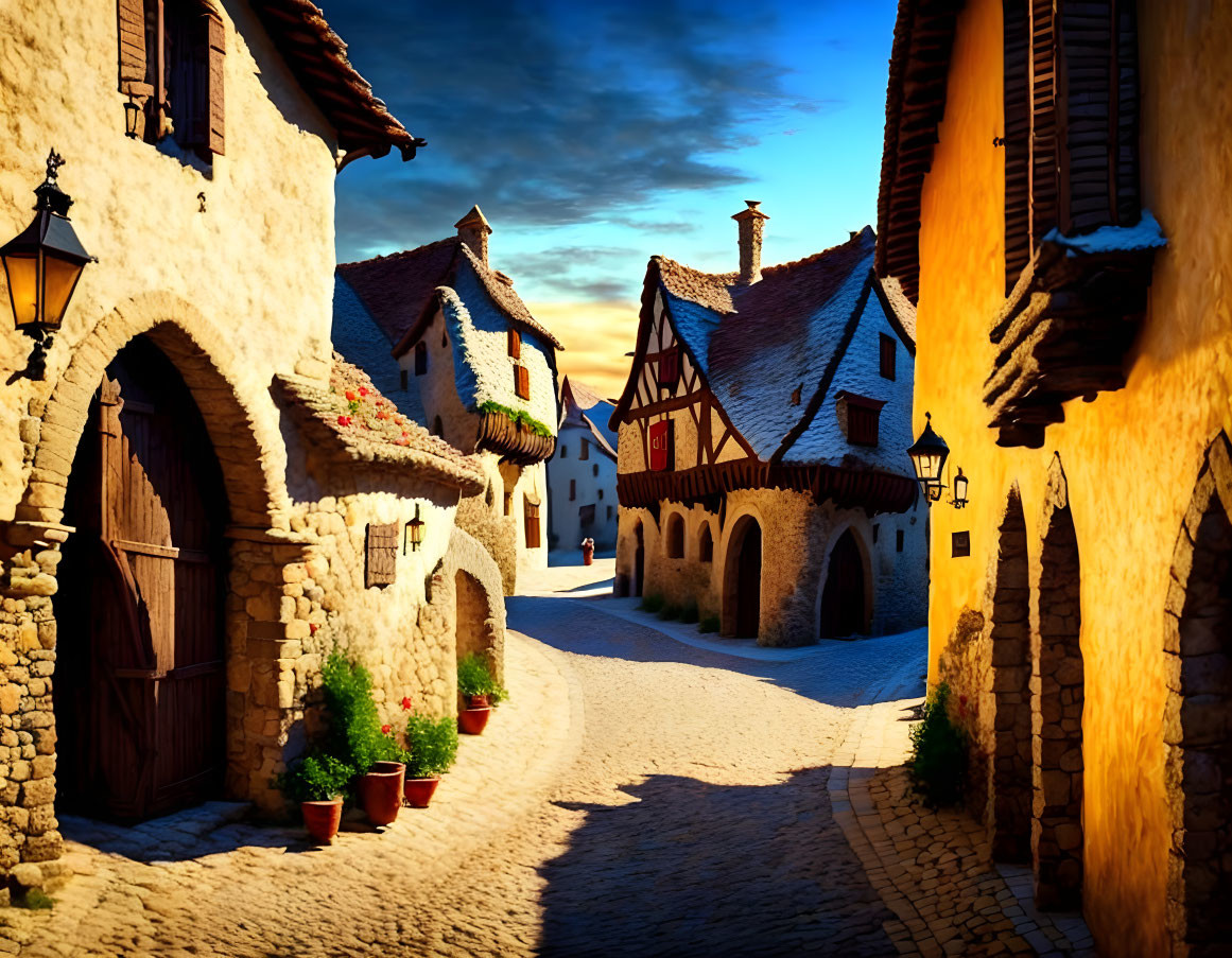 Traditional European village with cobblestone street and hanging lanterns at twilight