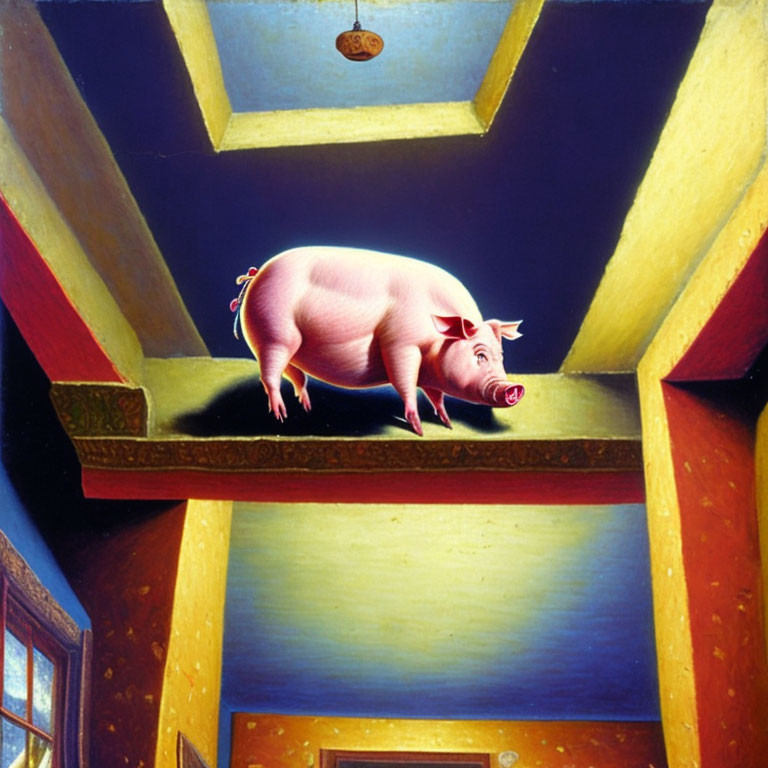 Surreal pink winged pig painting in room with yellow walls