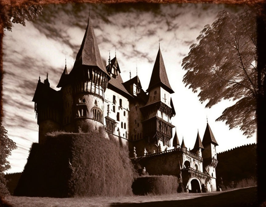 Sepia-toned image of majestic castle with spires, surrounded by trees under dramatic sky