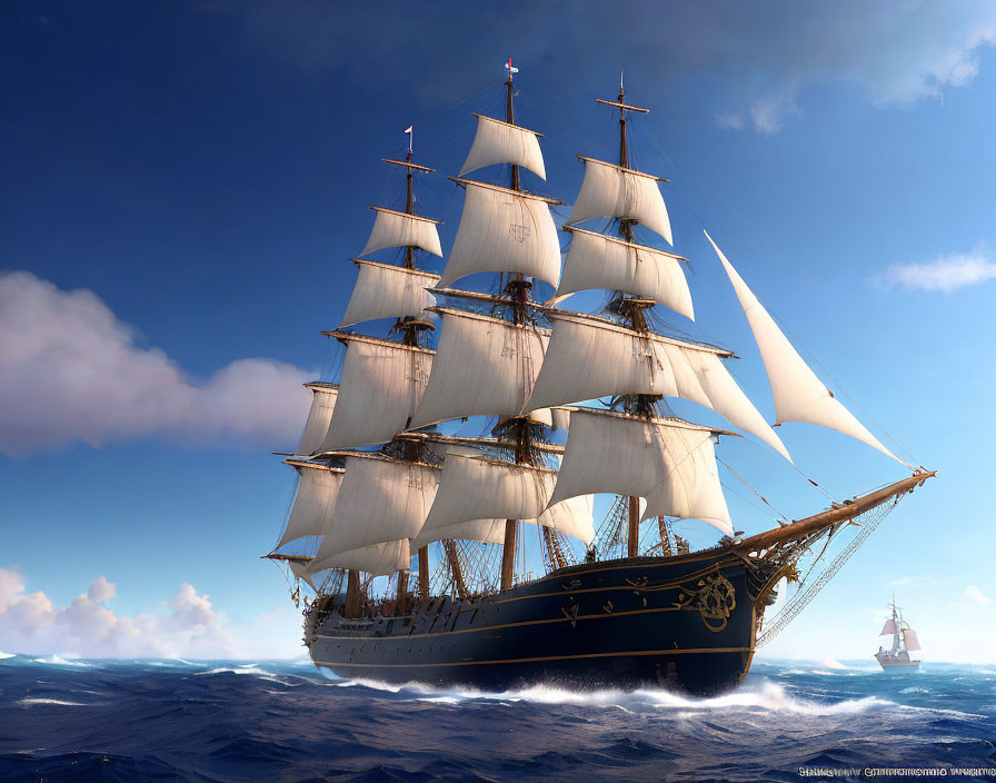 Tall ship with full white sails on vibrant blue ocean