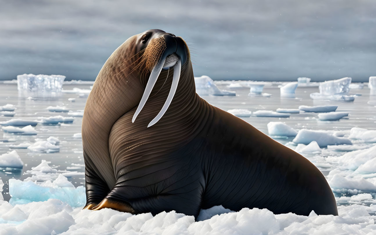 Arctic walrus with large tusks on floating ice surrounded by cold waters