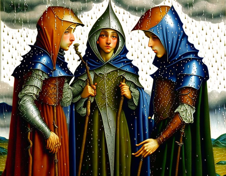 Three Women in Medieval Armor and Cloaks in Surreal Rainstorm