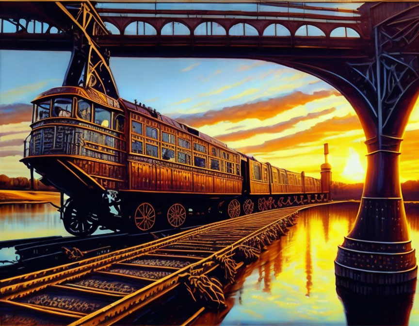 Vintage Train Crossing Bridge at Sunset with Vibrant Orange Reflections