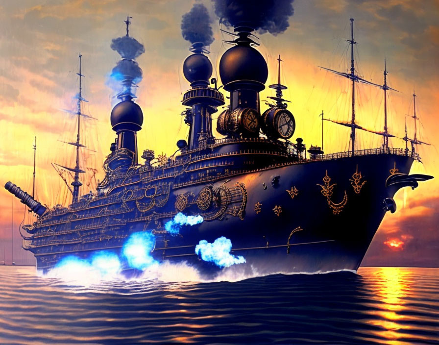 Steampunk battleship with golden adornments on calm waters at sunset