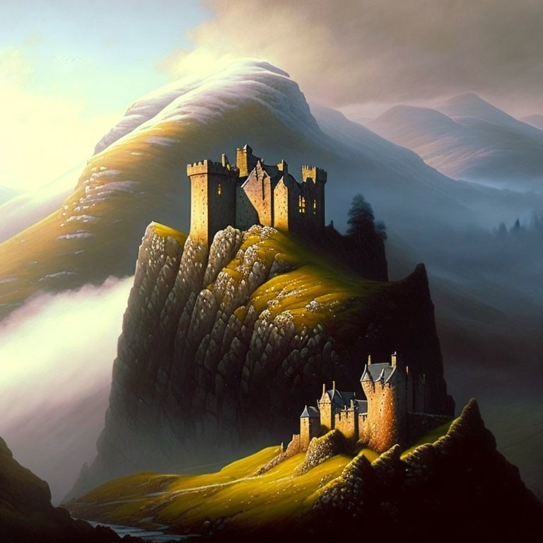 Majestic castle on rocky cliff with golden light and fog-covered hills