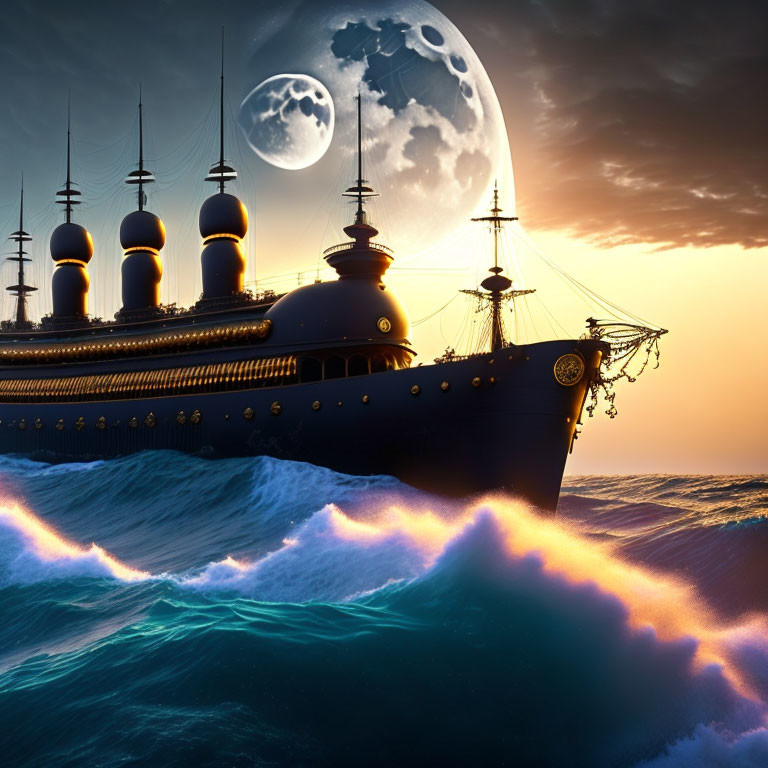 Majestic sailing ship on vibrant ocean under full moon